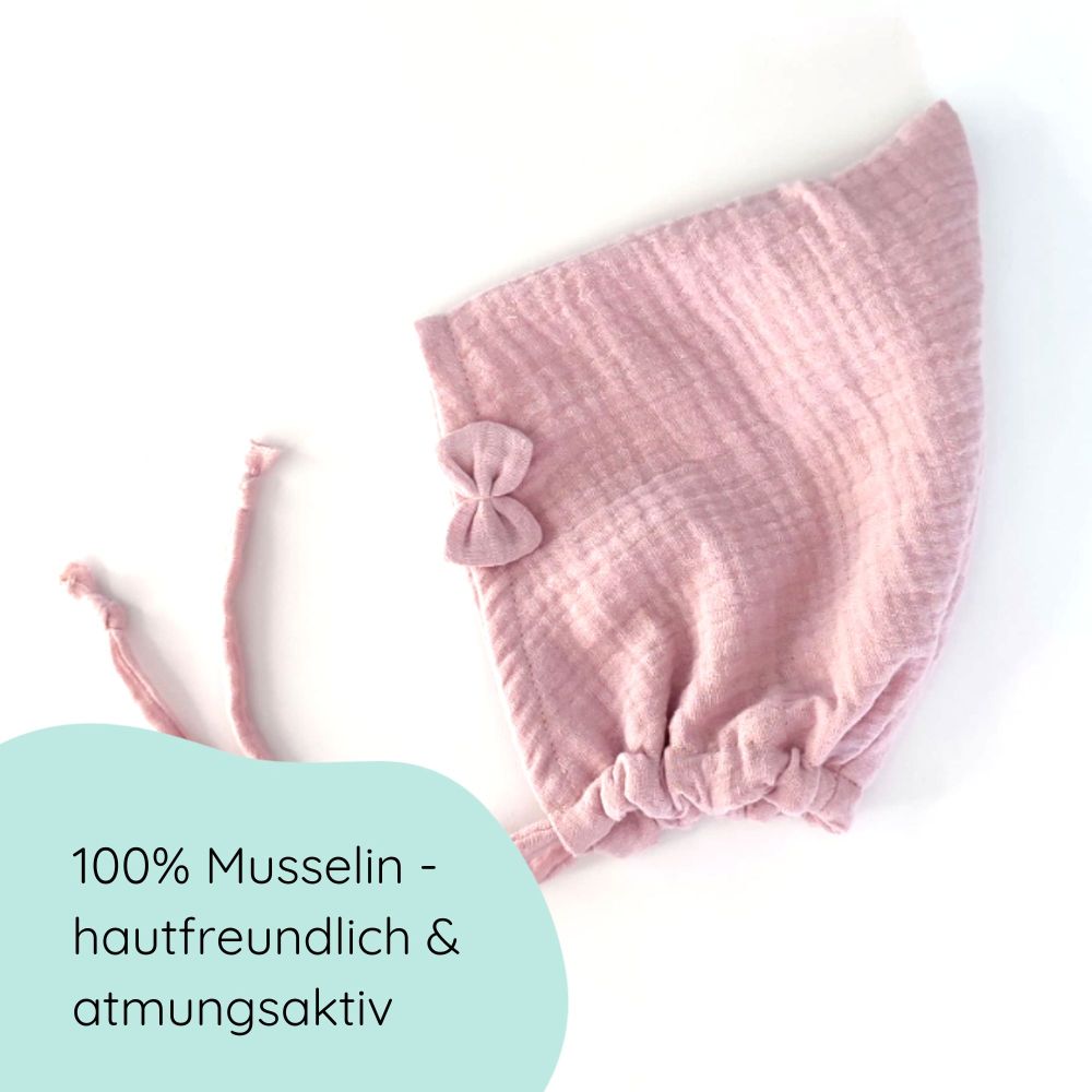 Pixiemütze aus Musselin – Babymütze mit Bindebändern & Schleife in hellrosa