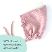 Pixiemütze aus Musselin – Babymütze mit Bindebändern & Schleife in hellrosa