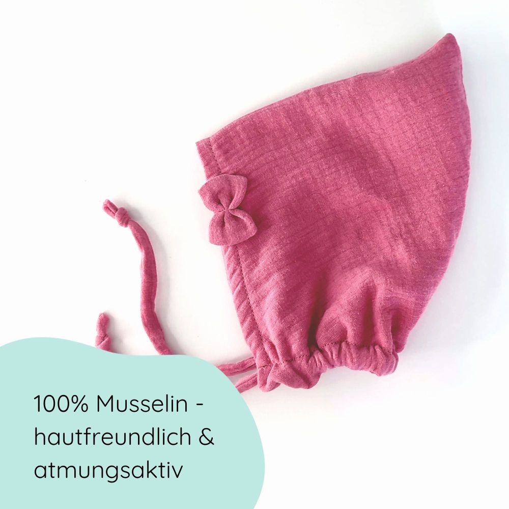 Pixiemütze aus Musselin – Babymütze mit Bindebändern & Schleife in rosa