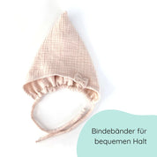 Detailbild Pixiemütze aus Musselin – Babymütze mit Bindebändern & Schleife in  beige