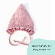 Pixiemütze aus Musselin – Babymütze mit Bindebändern & Schleife in hellrosa