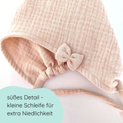 Detailbild Pixiemütze aus Musselin – Babymütze mit Bindebändern & Schleife in  beige