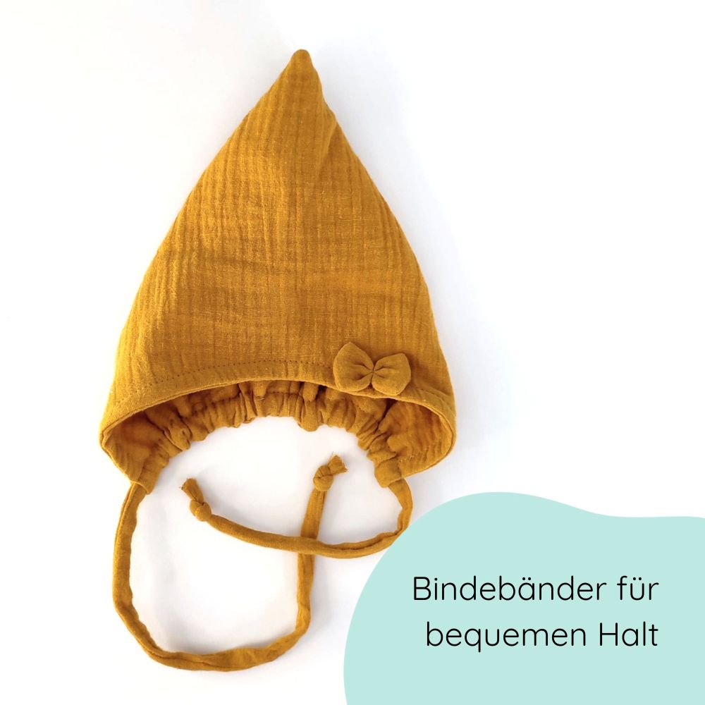 Pixiemütze aus Musselin – Babymütze mit Bindebändern & Schleife in senfgelb