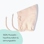 Detailbild Pixiemütze aus Musselin – Babymütze mit Bindebändern & Schleife in  beige