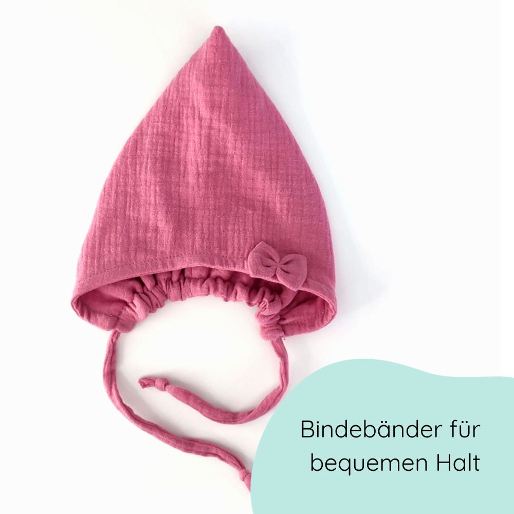 Pixiemütze aus Musselin – Babymütze mit Bindebändern & Schleife in rosa