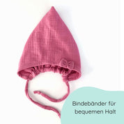 Pixiemütze aus Musselin – Babymütze mit Bindebändern & Schleife in rosa