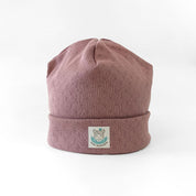 Beanie Mütze für Babys und Kleinkinder in mauve aus Baumwolle mit feinem Lochmuster