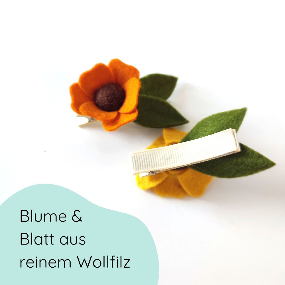 Detailfoto Blumenspange in gelb aus Filz