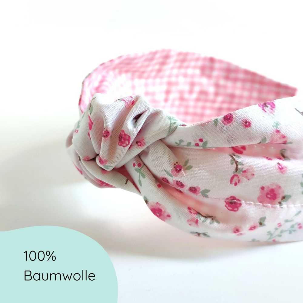 Headband knot | white floral - pink checked