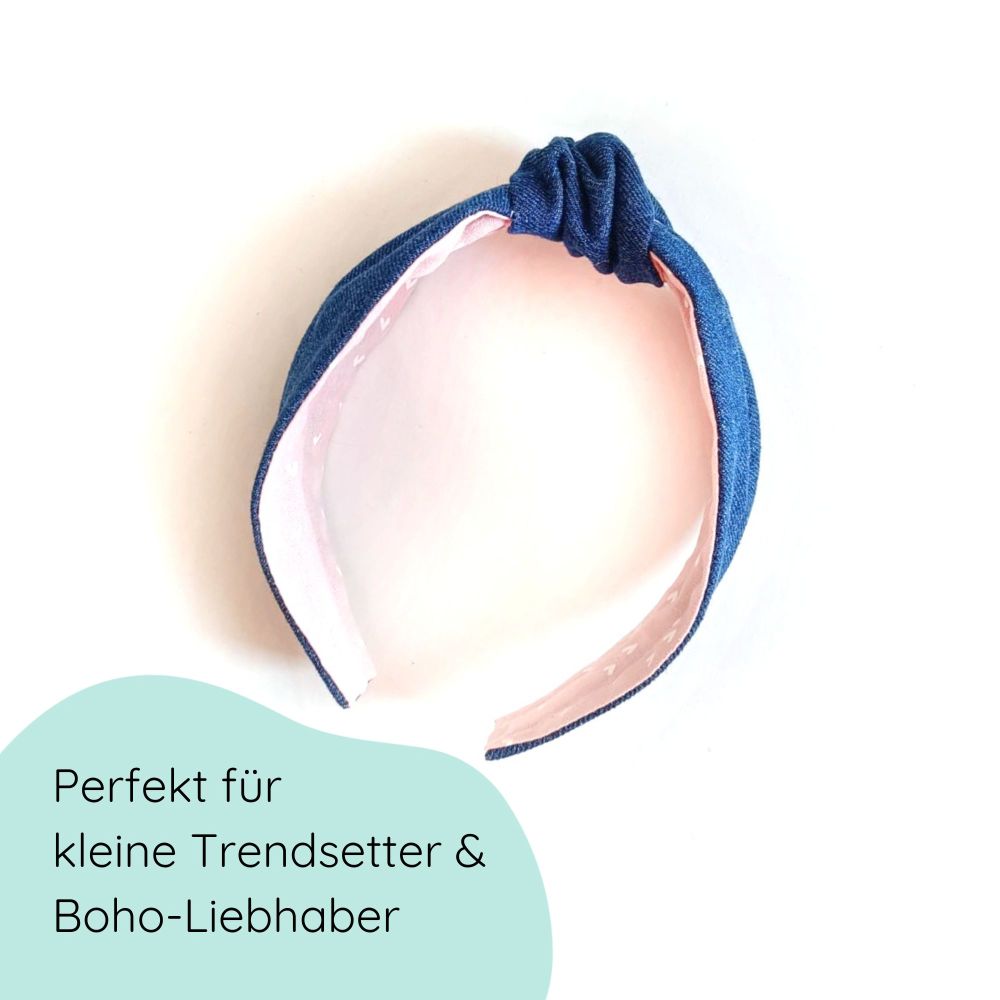 Haarreifen mit Knoten aus Jeans für Kinder innen rosa mit Herzchen