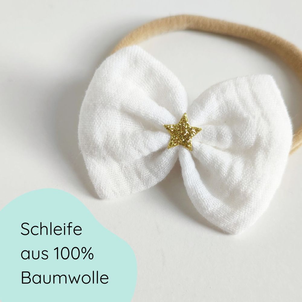 weiße Haarschleife mit goldenem Stern an Haarband für Weihnachten Detailbild