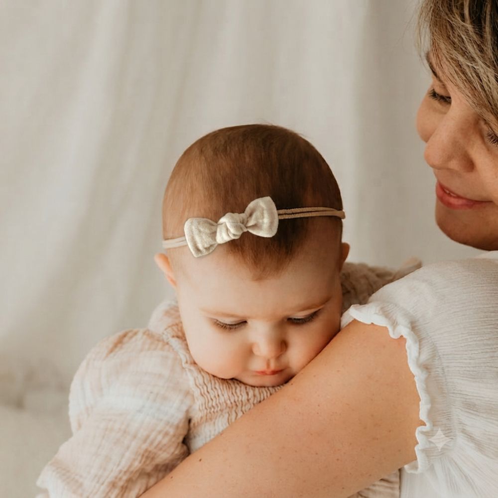 Baby mit kleiner Haarschleife in beige aus Musselin an einem elastischen Haarband