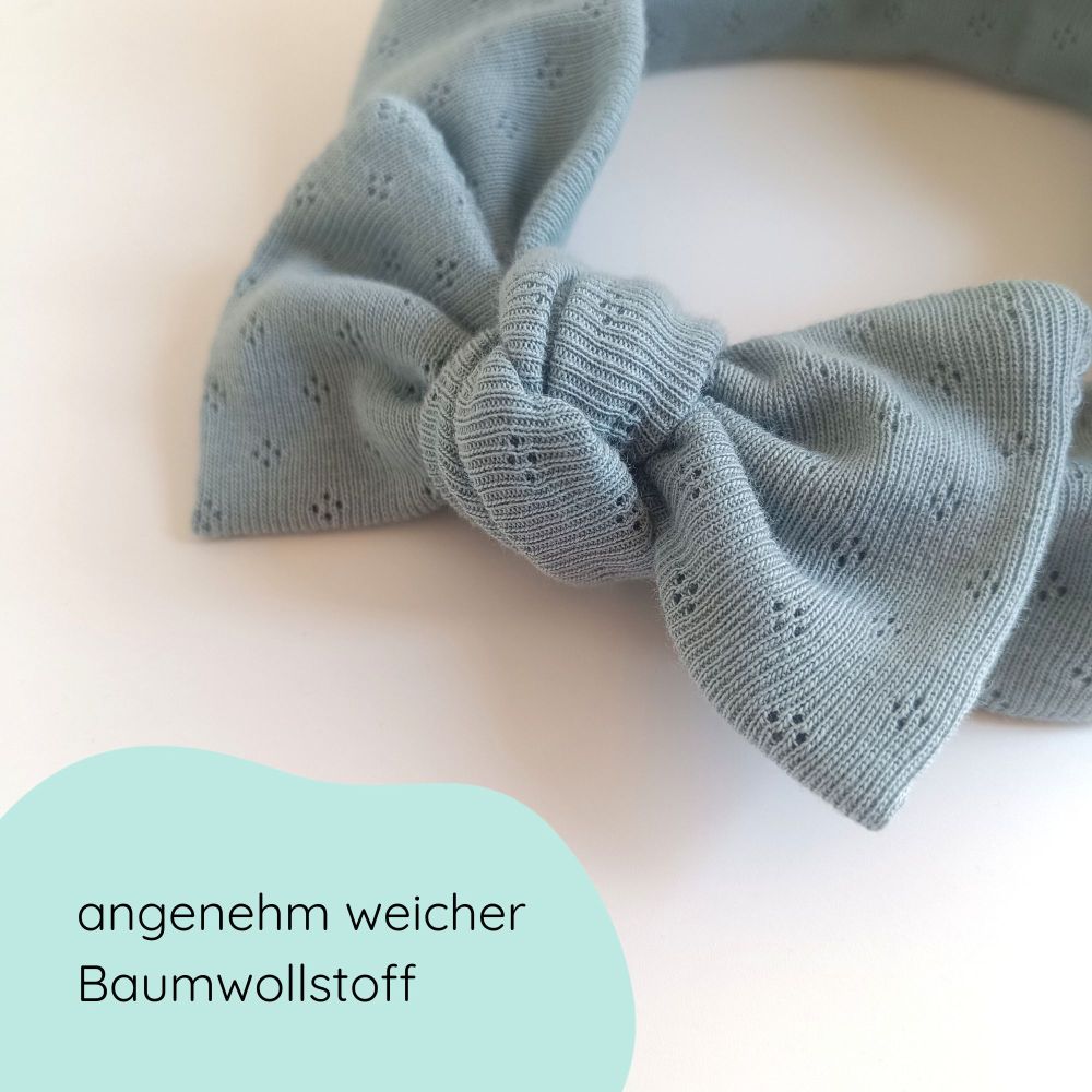 Stirnband für Babys in taubenblau mit großer Schleife Detailbild