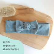 Stirnband für Babys in taubenblau mit großer Schleife Detailbild