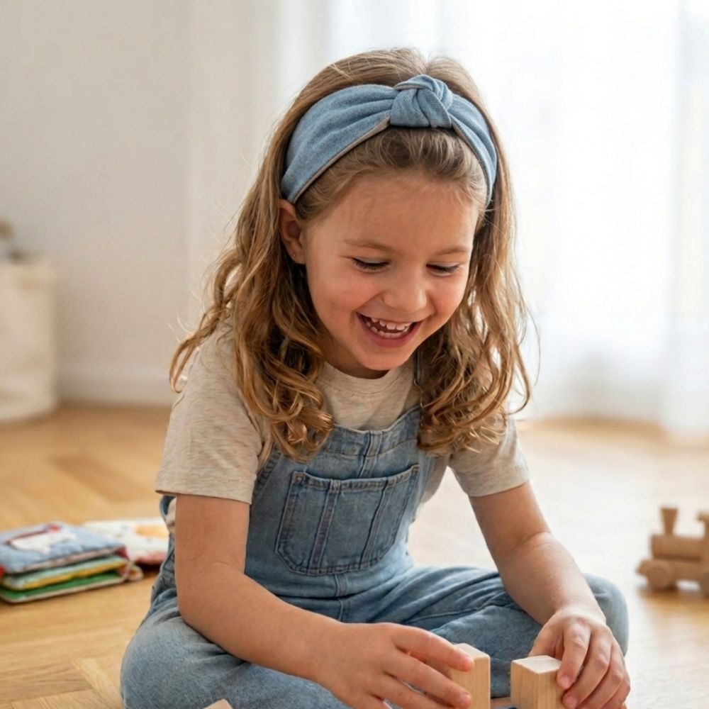 Mädchen mit Haarreifen aus Jeans mit Knoten